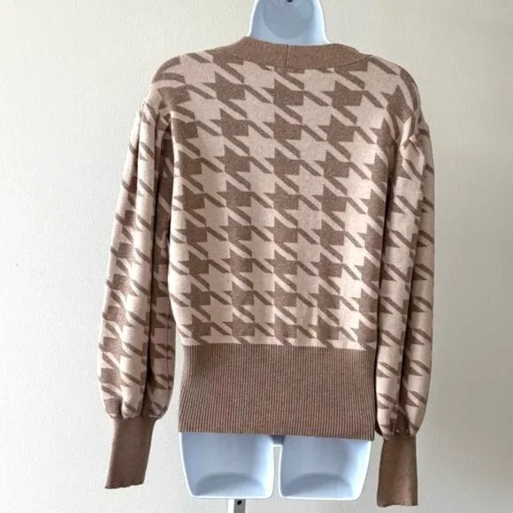 Joie Cardigan Large Tan V Neck Houndstooth Puff Sleeve Old Money Preppy Academia - Picture 2 of 11